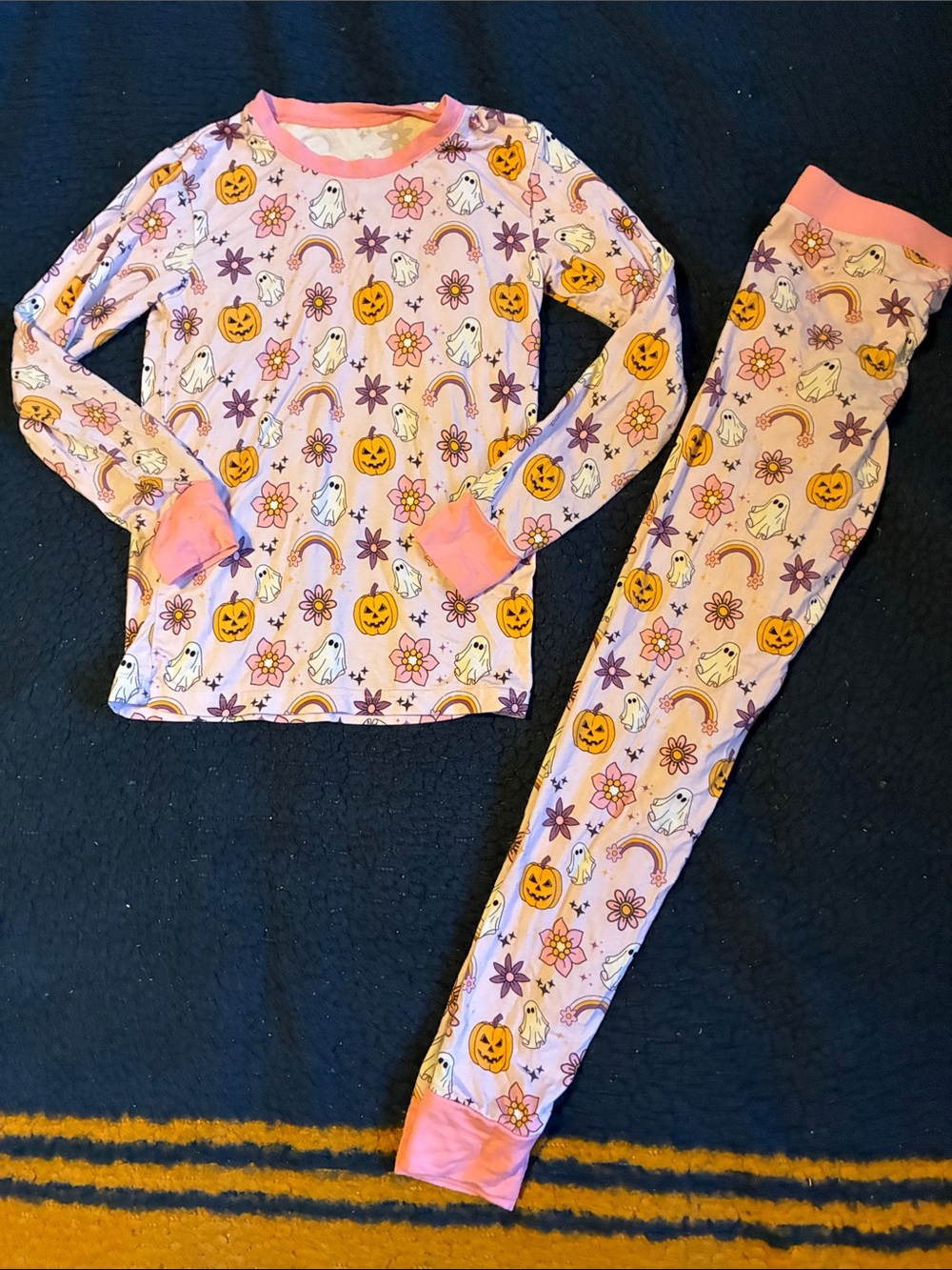 River babe threads Girls Pink Halloween Ghost & Pumpkin Two-Piece Pajama Set